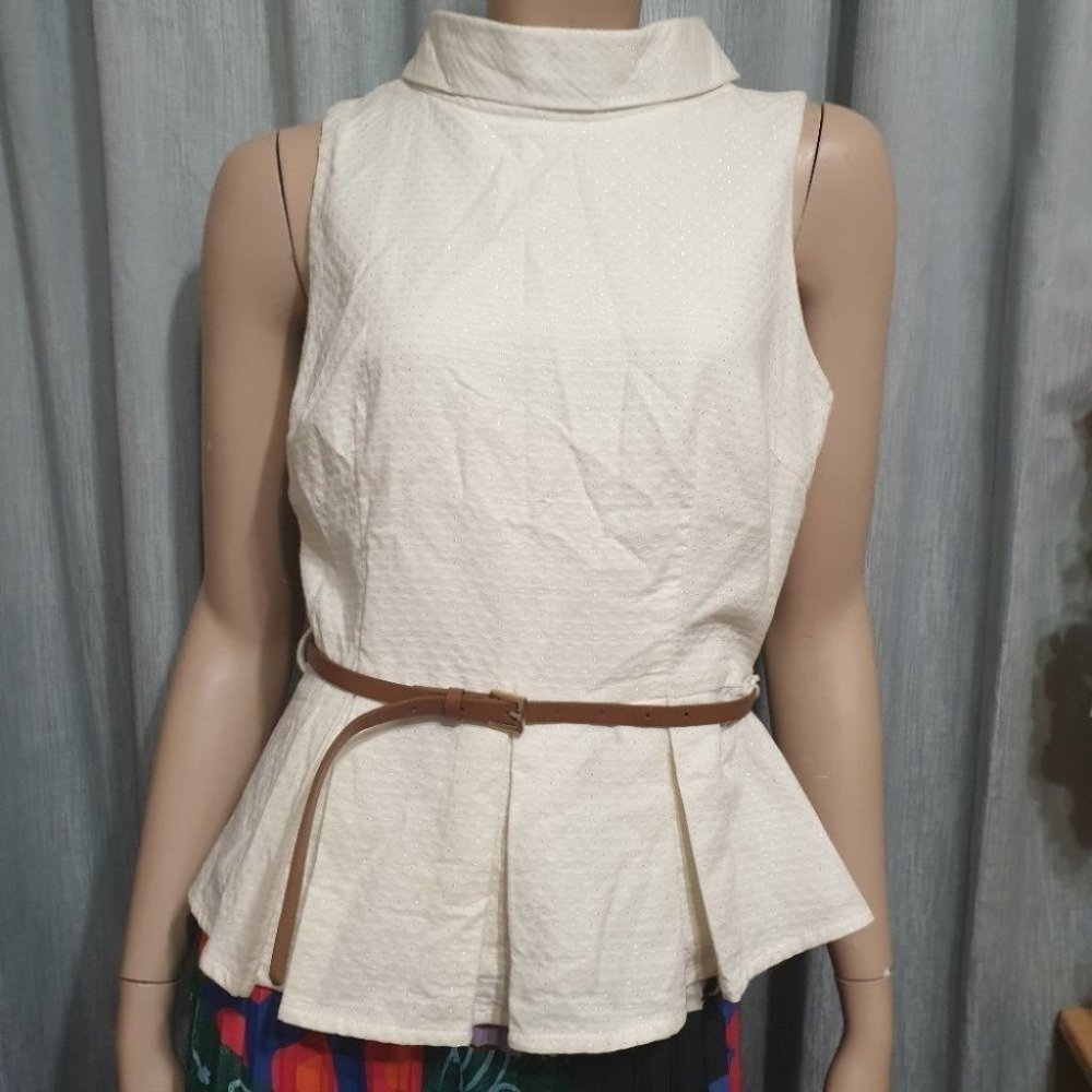 FOREVER21 US/UK-S AU 8-10 White Sleeveless Blouse w/ Brown Belt Zipped Back - Picture 1 of 14